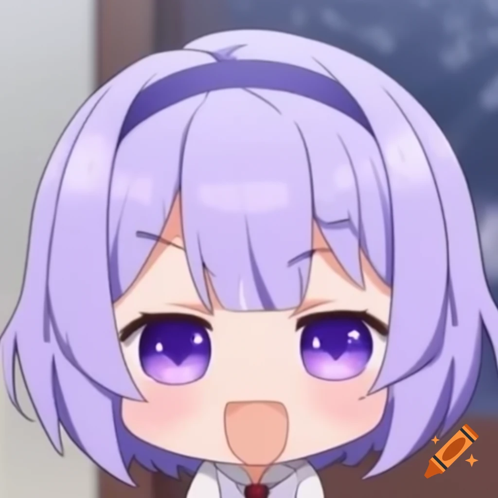 Anime chibi character with lavender hair in a snowy setting