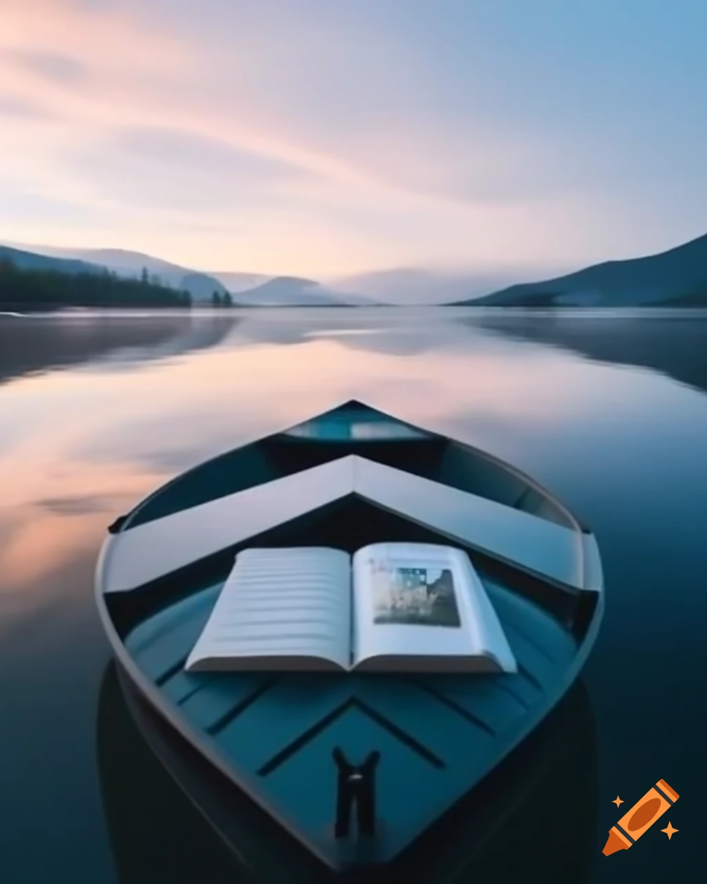 Book cover design with serene lake and misty mountains at dawn, rowboat on calm water