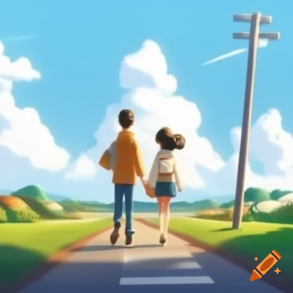 Animated couple walking on road path towards sky