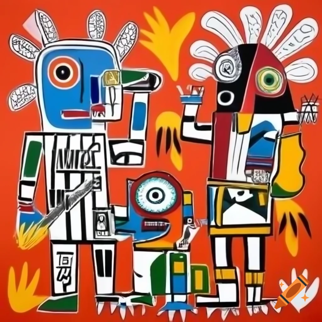 Medieval creatures painted in Jean-Michel Basquiat style