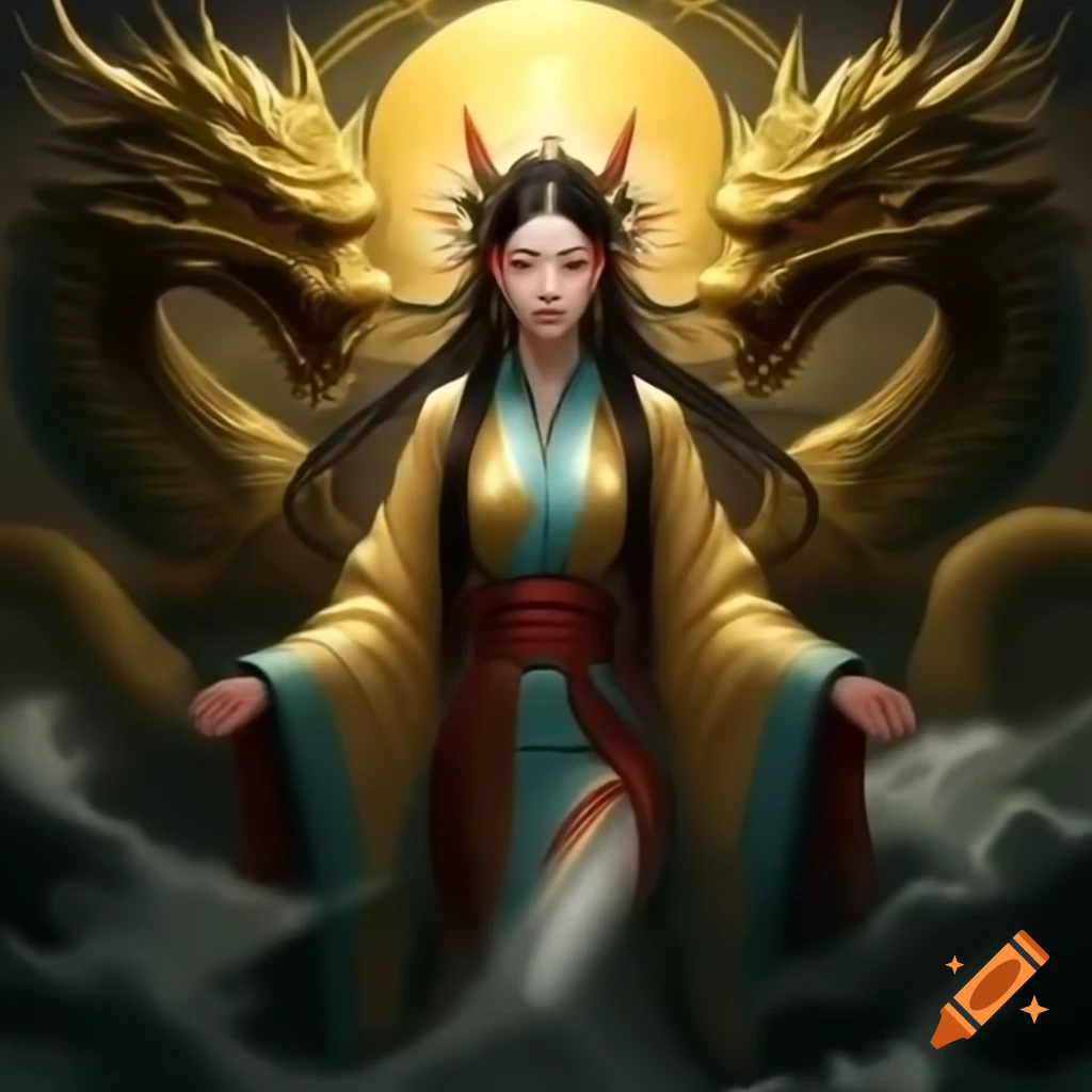 Chinese moon goddess on jade throne with golden dragon in ethereal glow