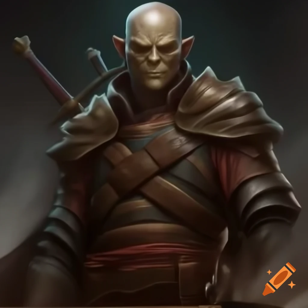 Bald fighter in leather armor wielding dagger and sword