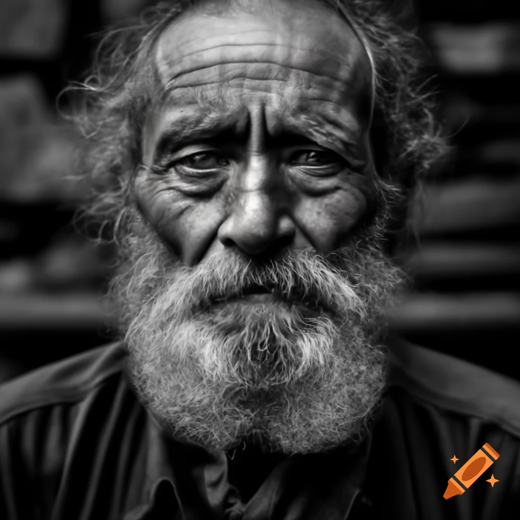Realistic black-and-white portrait of elderly man with weathered skin and white beard