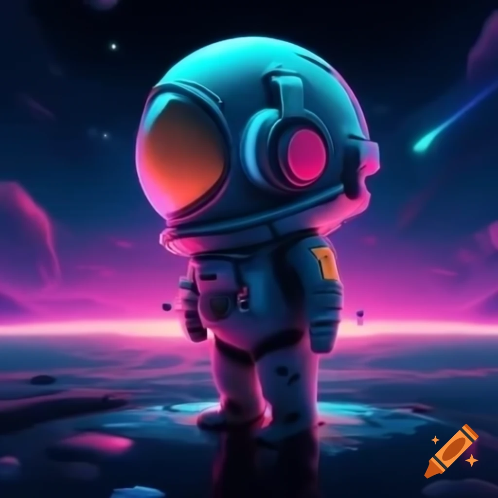 Cartoon-style cyberpunk astronaut with glowing headphones floating in space