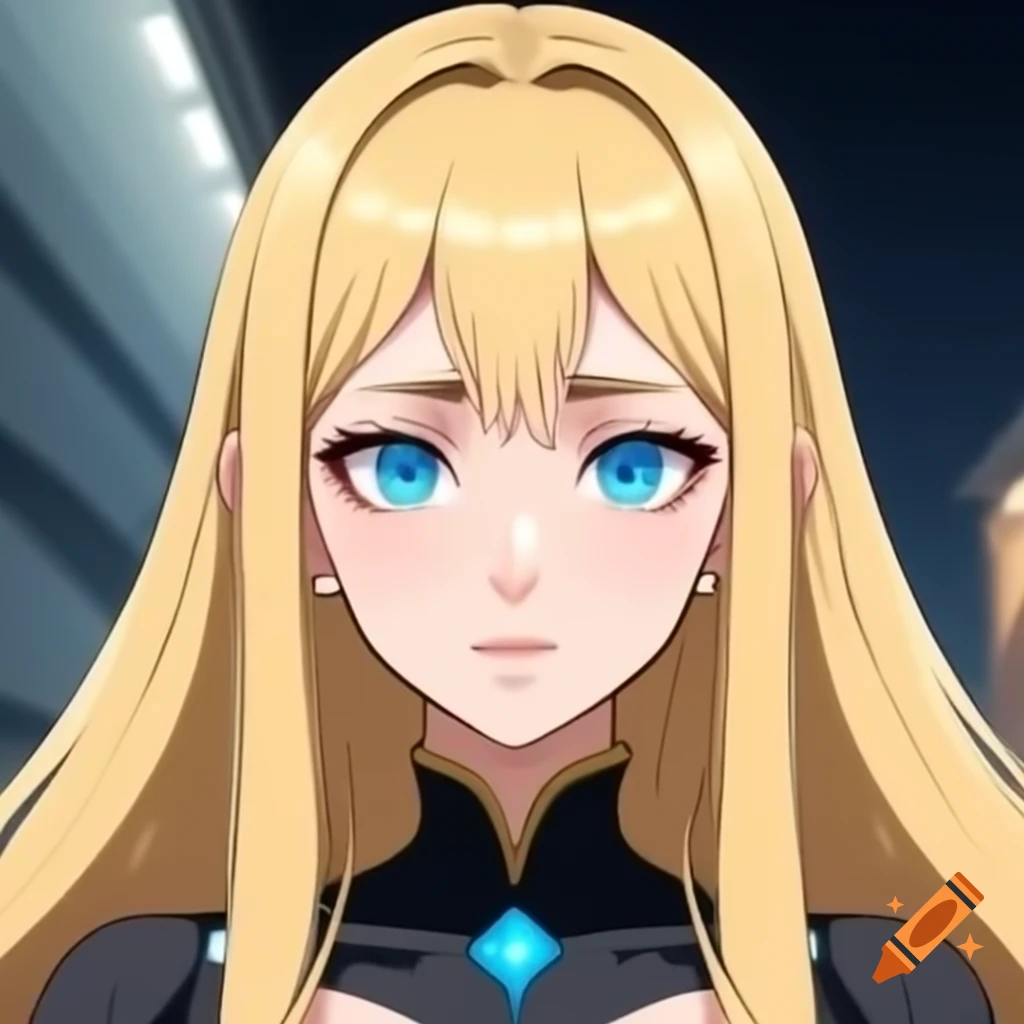 Blond woman with long hair and blue eyes, portraying a terrifying presence