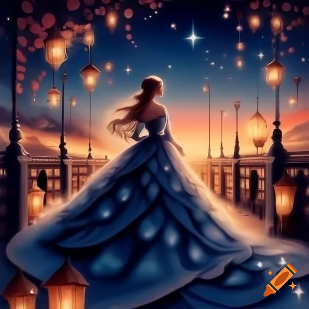 Girl in silk evening dress walking on lantern-decorated bridge at sunset