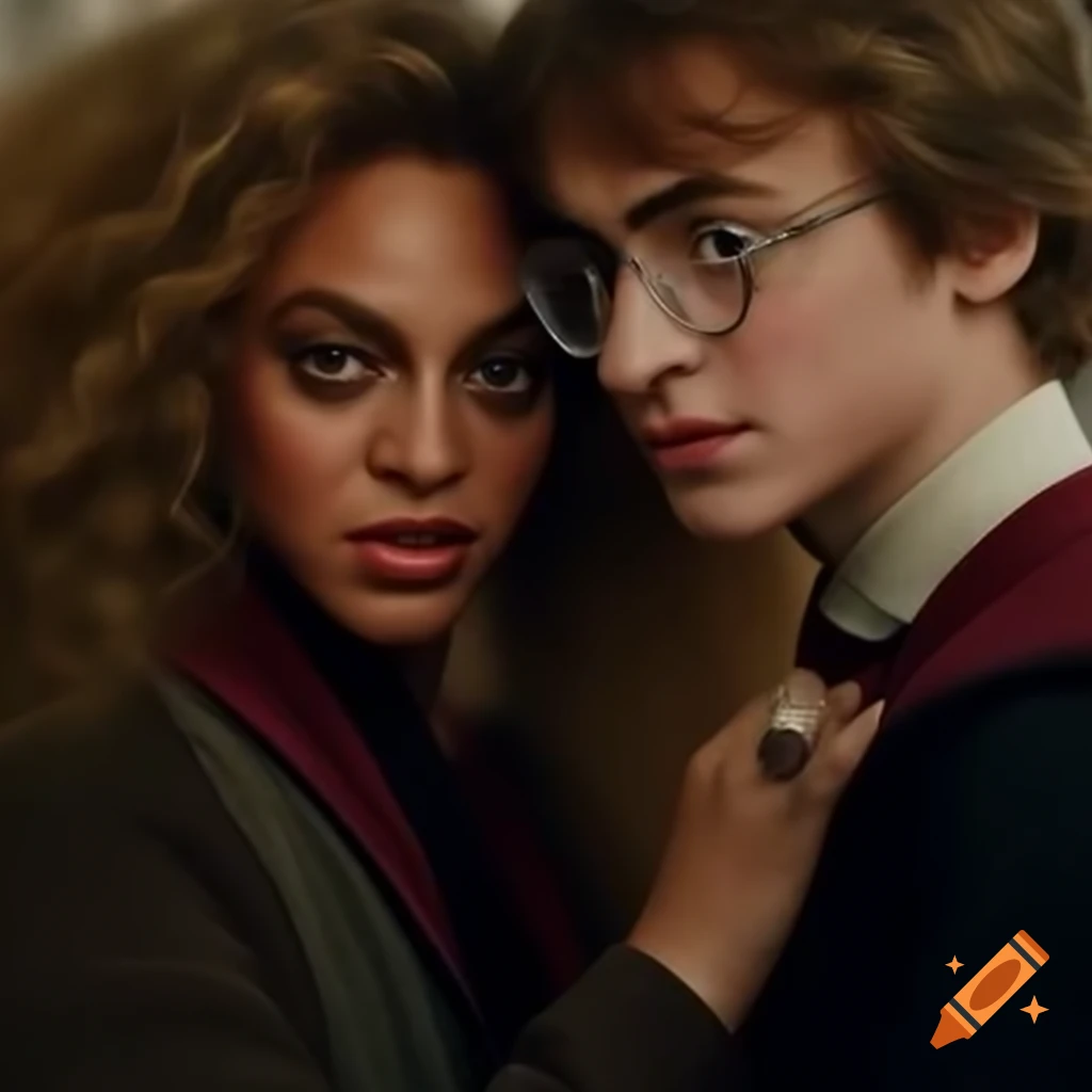 Imaginary scene of fictional character Harry Potter and artist Beyoncé in a relationship