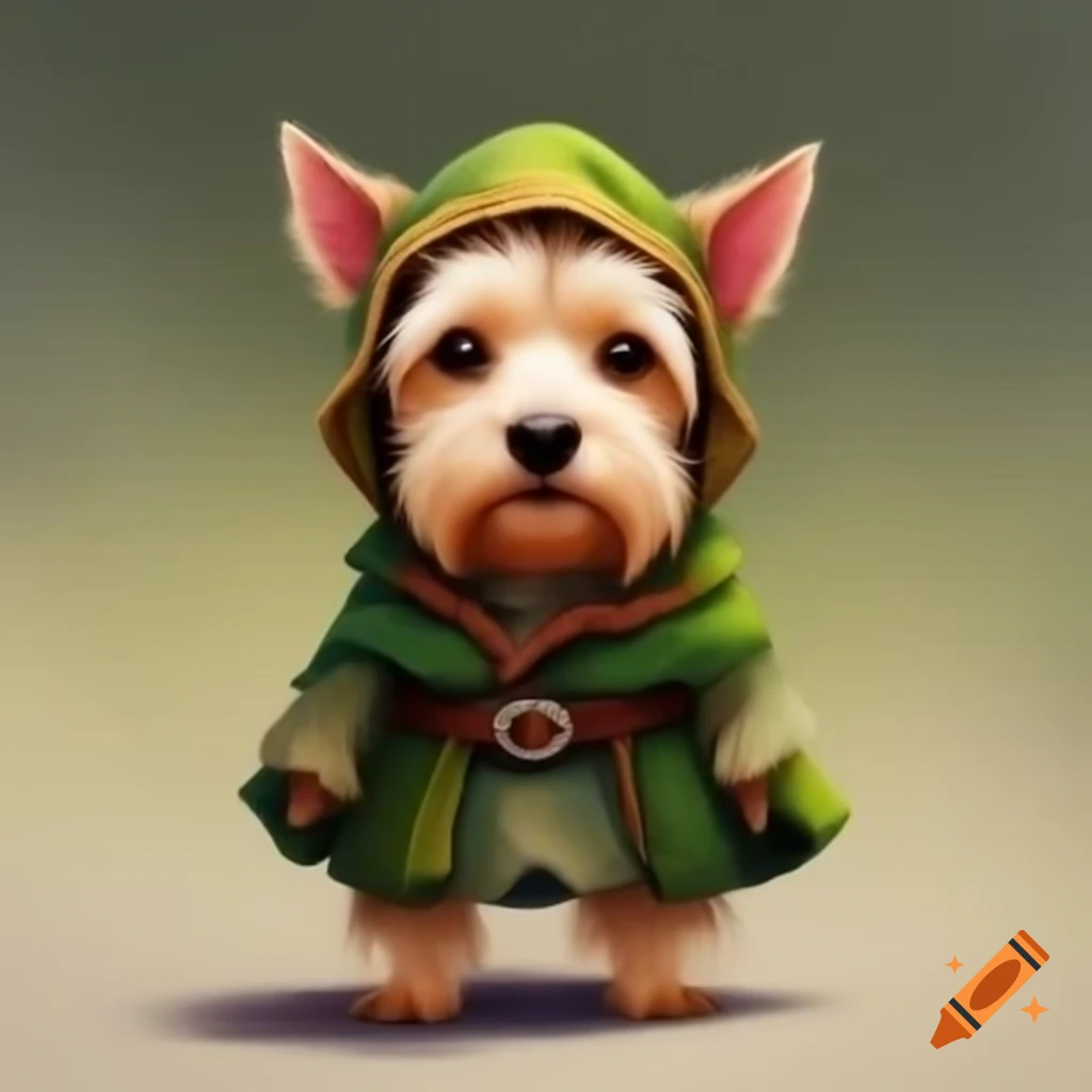 Dandie Dinmont terrier in Hobbit costume with floppy ears and green trousers