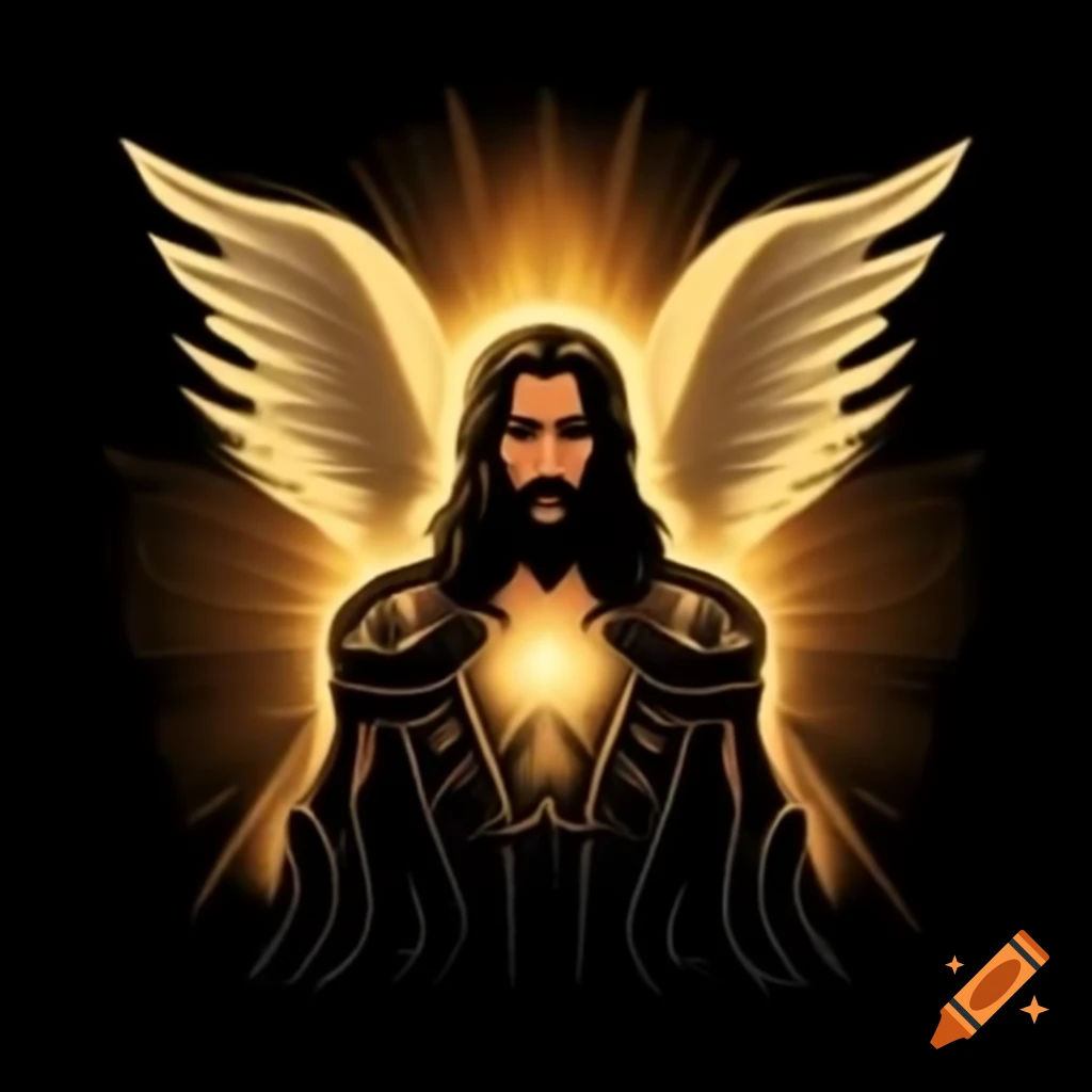 Powerful logo depicting armored Jesus radiating golden light and divine feathers