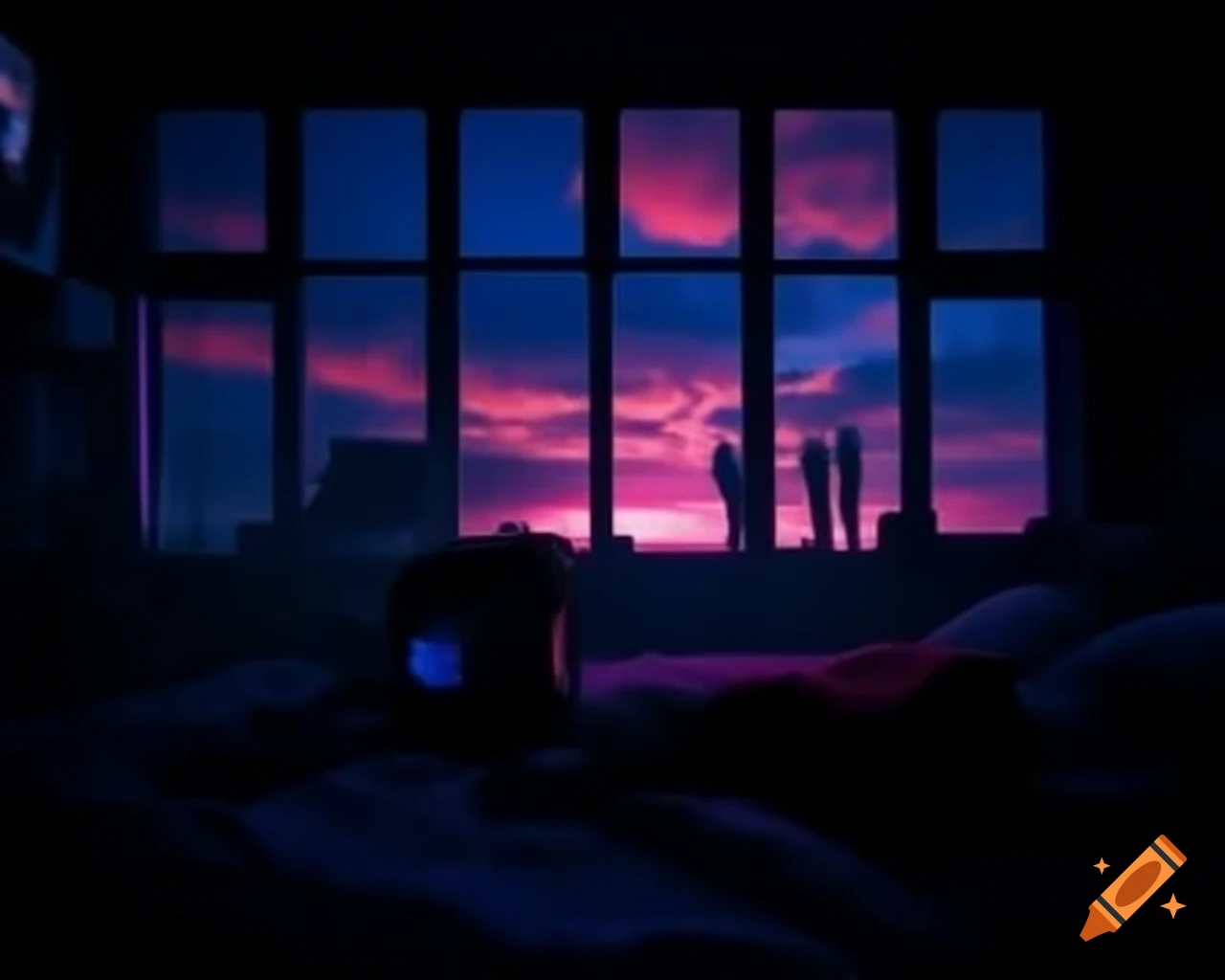 Cyberpunk scene with neon sky and low-light blues in analogue film style