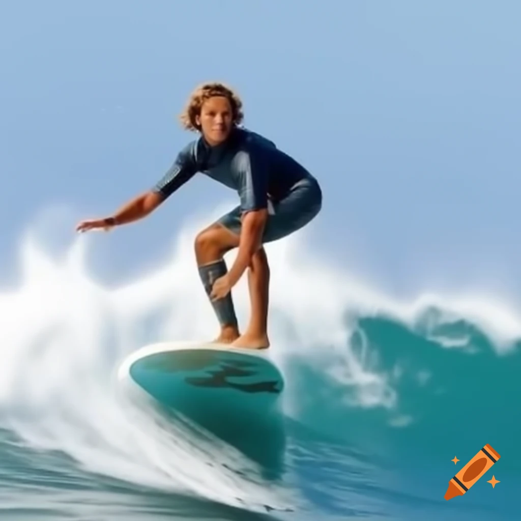 Surfer riding big wave in 1950s style