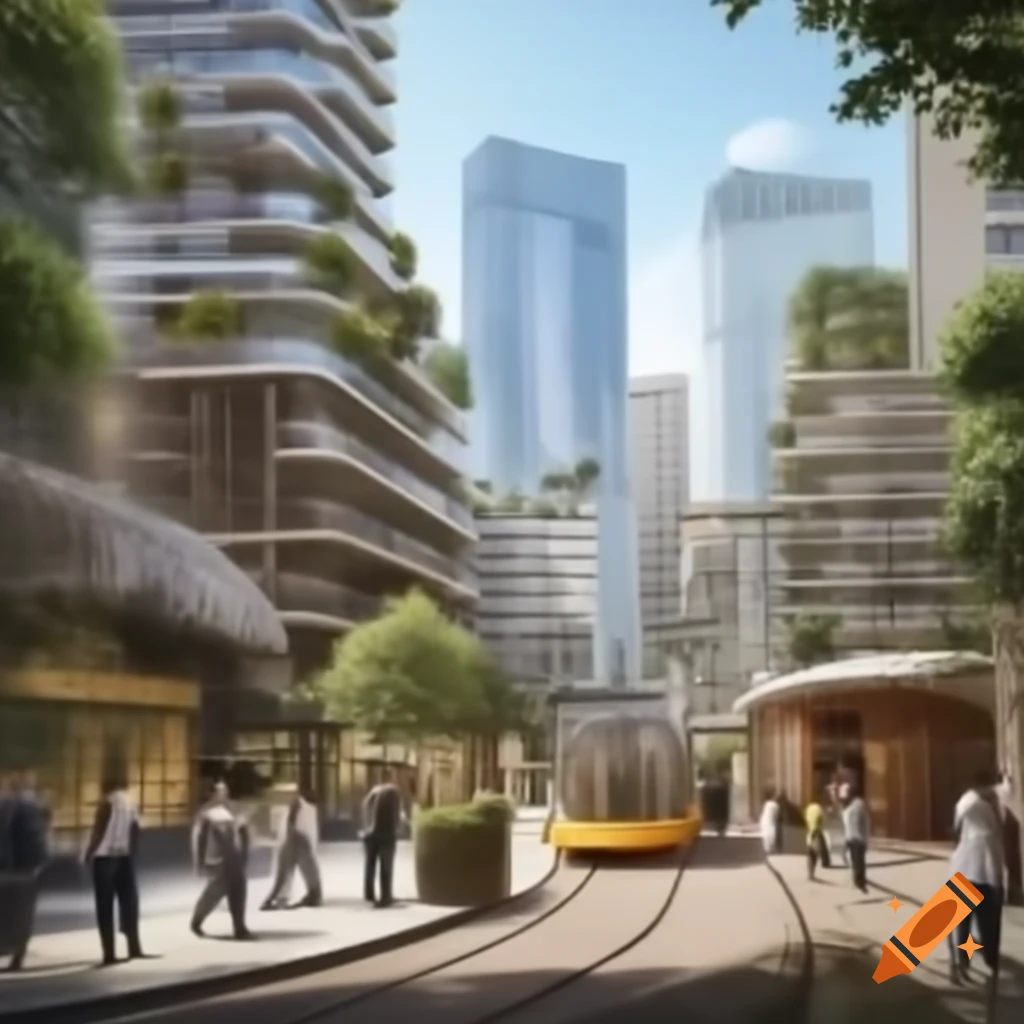 Eco-friendly city featuring residential areas, tram, and recycling bins