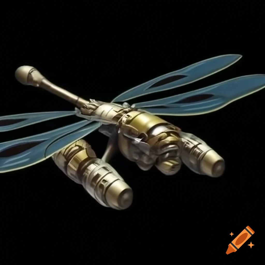 Clockwork spaceship designed as a sleek dragonfly