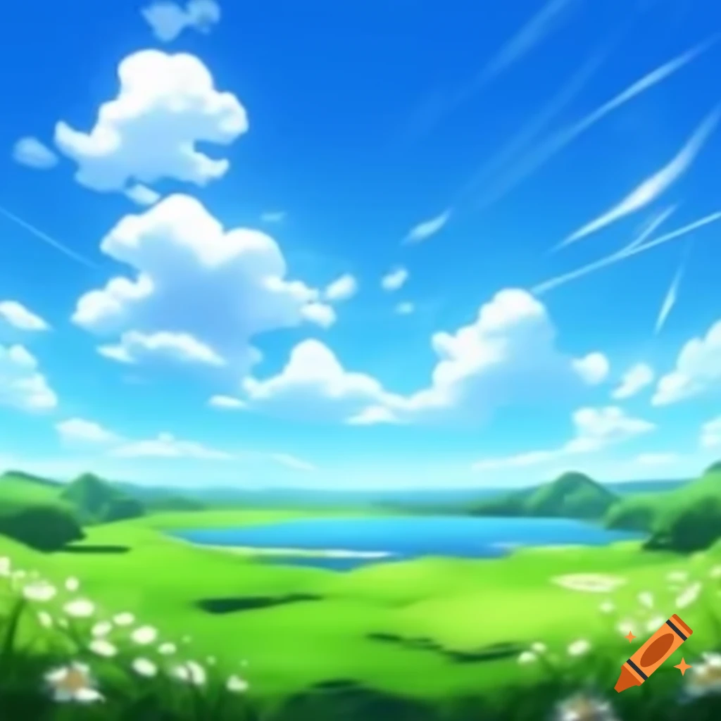 Bright blue sky, lush green land, blue lagoon, and red-white flowers