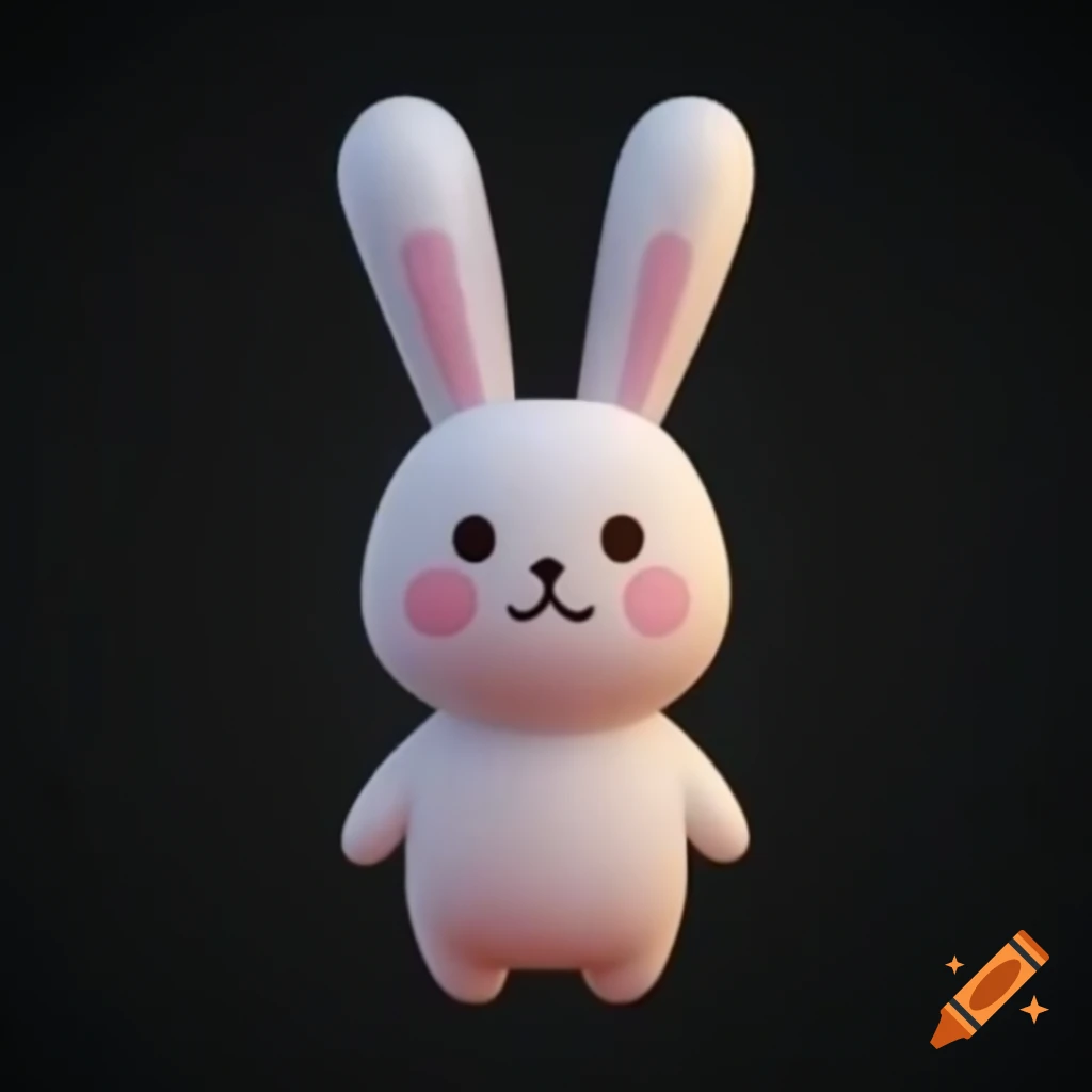 Cute friendly rabbit plush toy in 3D anime style on black background