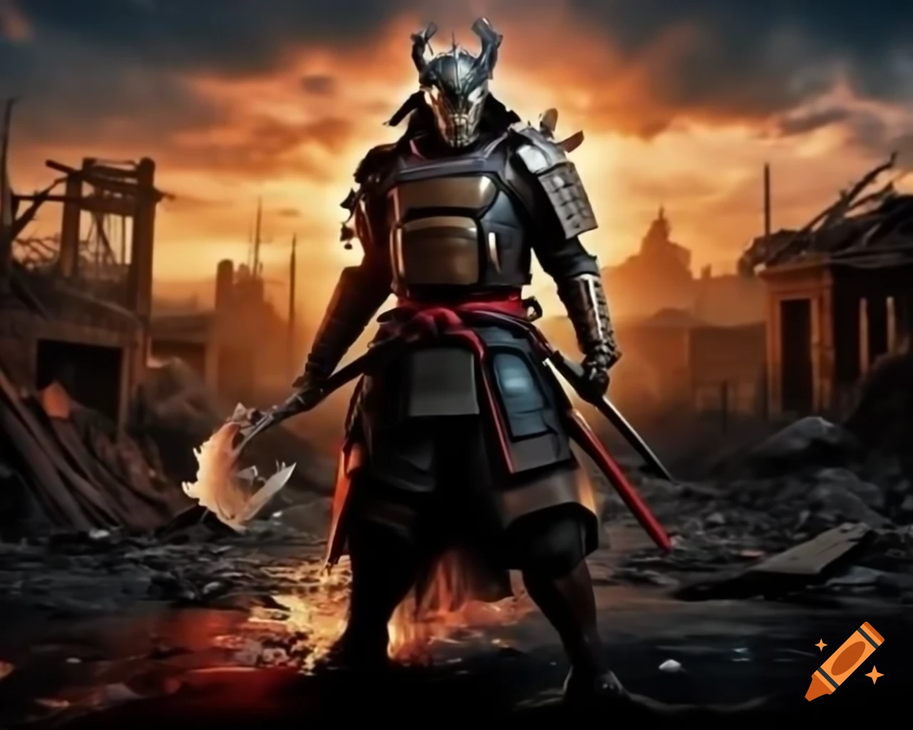 Cybernetic samurai with plasma axe in apocalyptic setting
