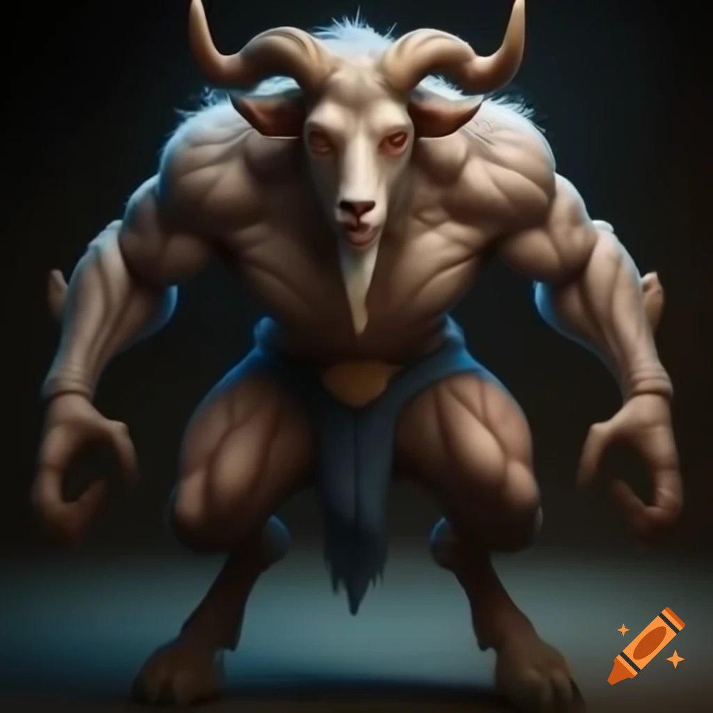Strong goat-headed demon with large horns and muscular legs wearing tennis shoes