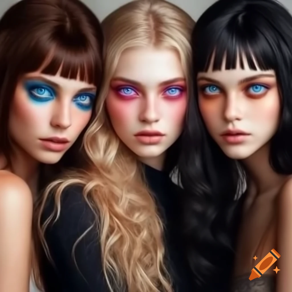 Three women hugging, featuring various hair colors and styles
