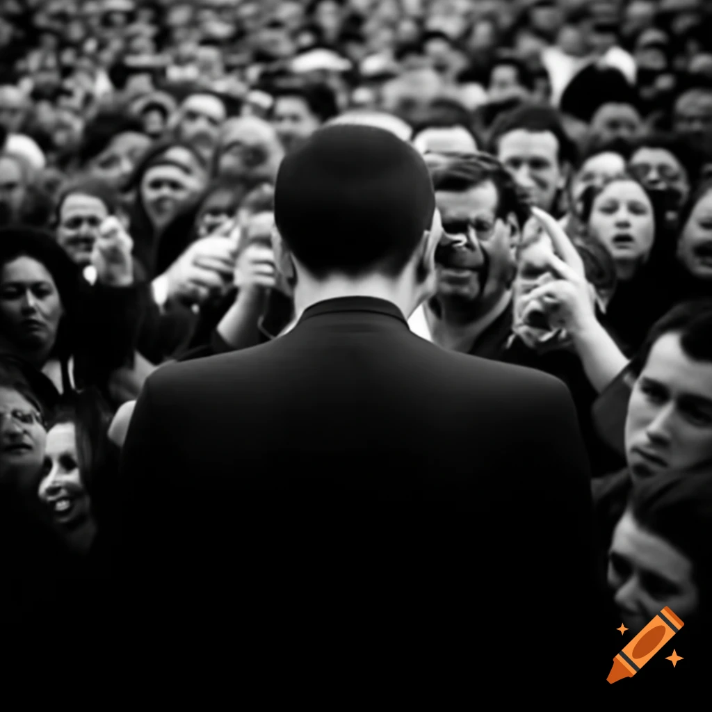 Blind man surrounded by a large crowd