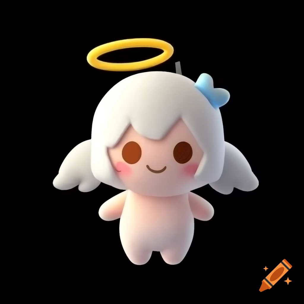 Cute angel plush in 3D anime style on black background