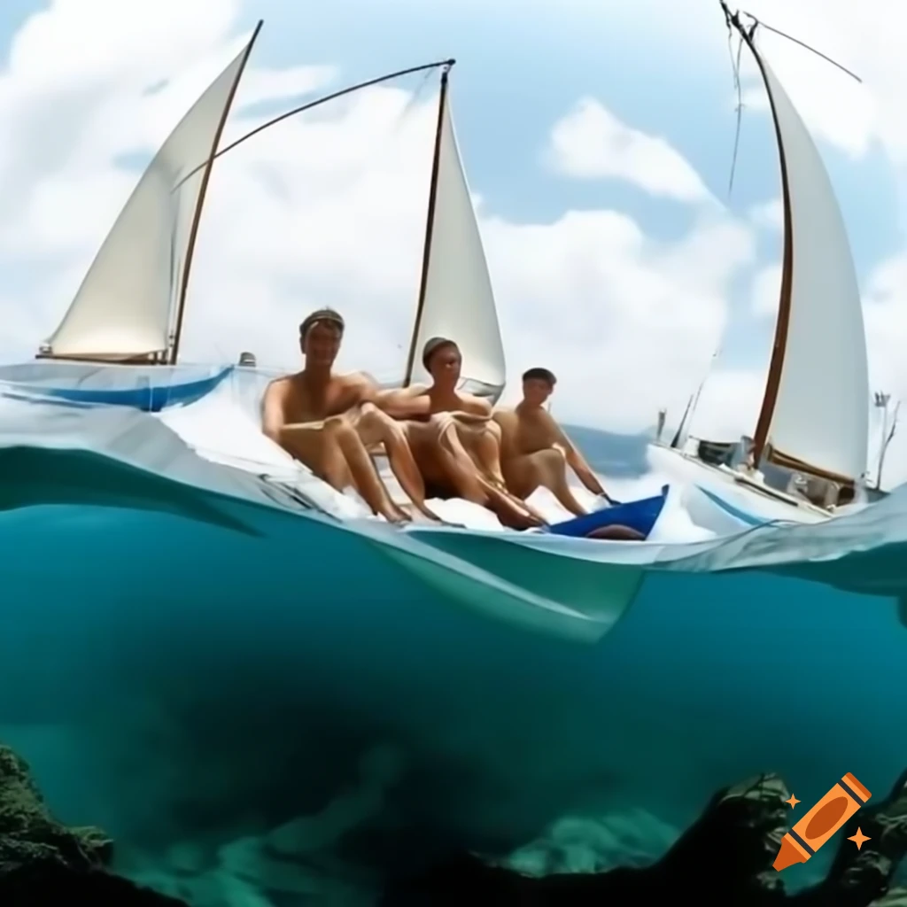 Photorealistic image of three men in dinghy boat racing on wavy sea with sailboats in the background