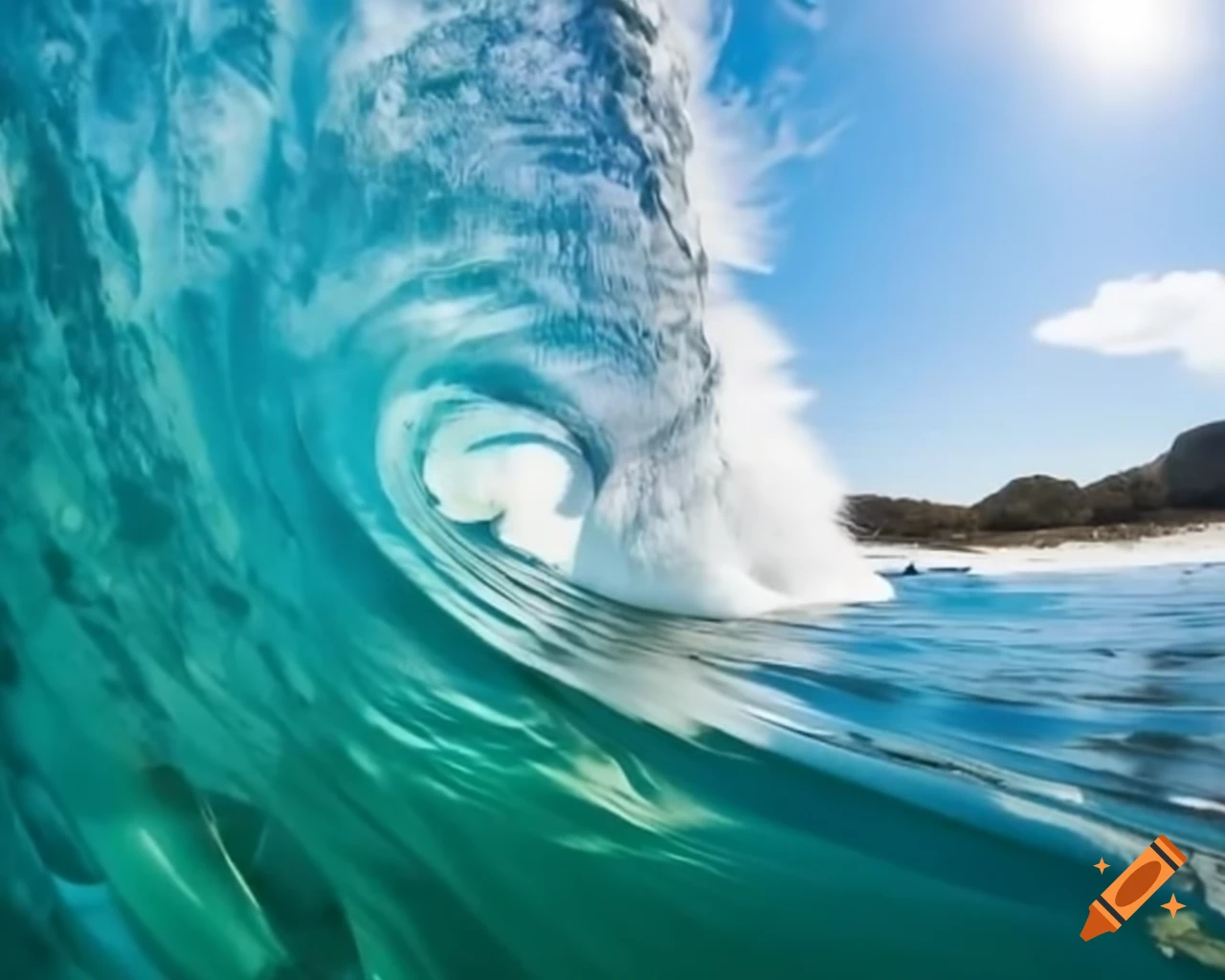 Cinematic view inside a wave with sunlight and shimmering foam