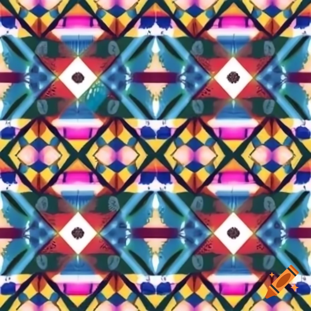 Seamless pattern of geometric shapes in bold colors, symmetrical design