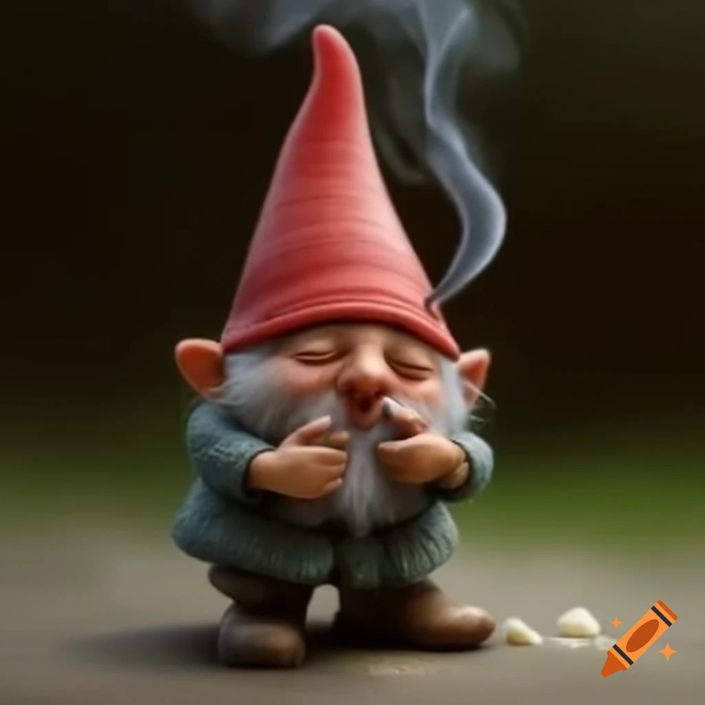 Tiny gnome coughing with smoke clouds from a pipe