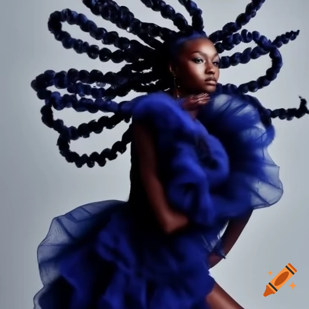 Stylish woman in mini skirt with navy blue braids in glamour photography