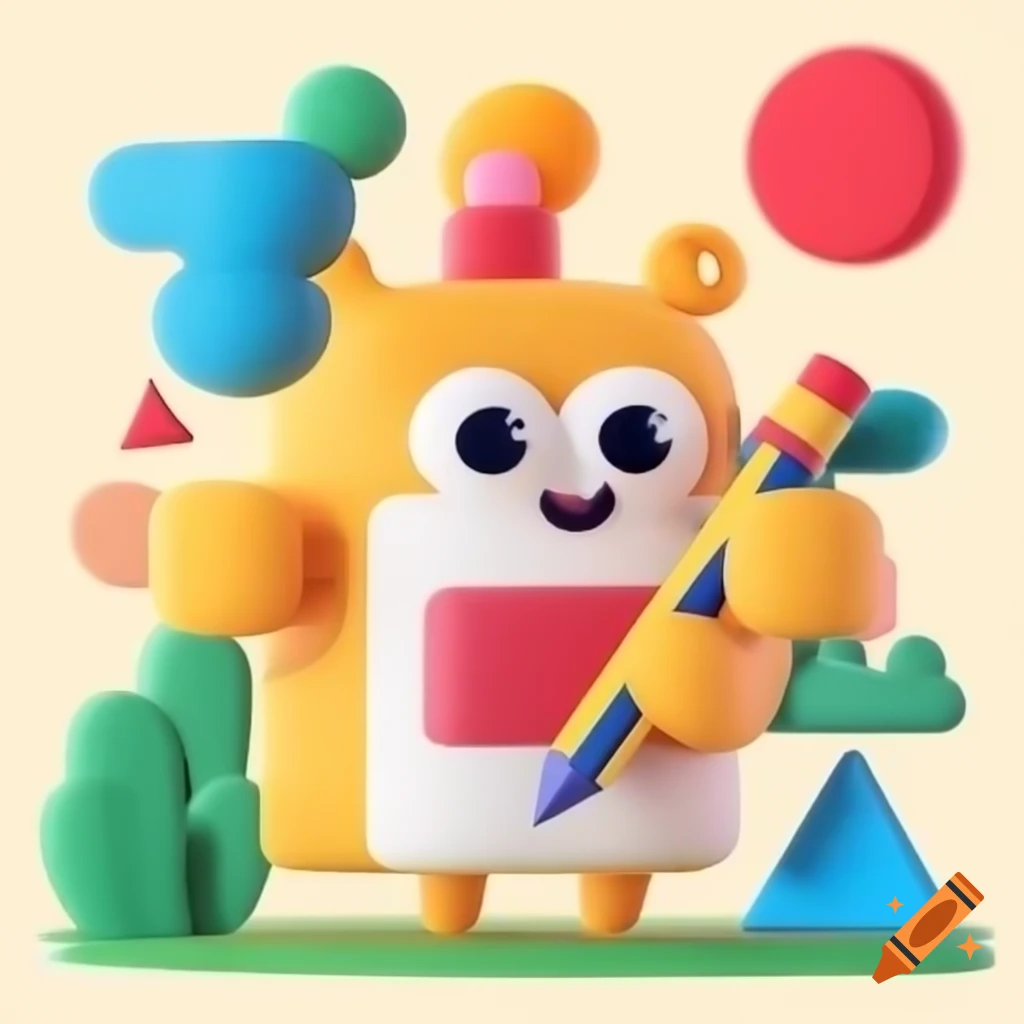 Cartoon animal character holding pencil surrounded by geometric shapes