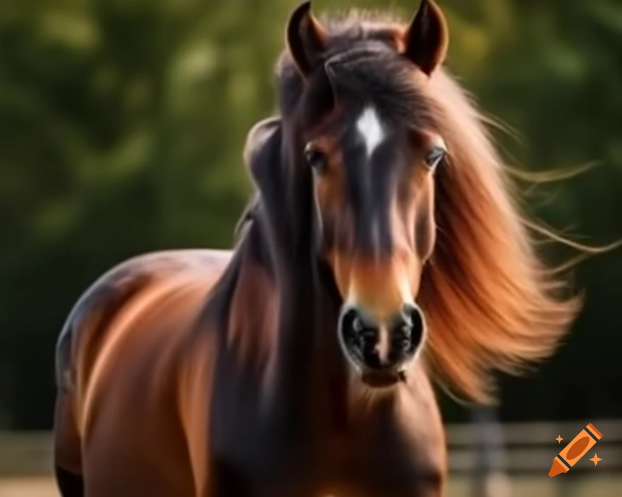 Beautiful horse with majestic mane moving freely in natural setting