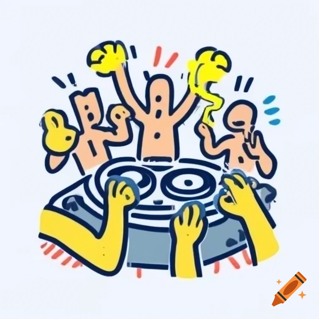 DJ party in Keith Haring style with vibrant colors and abstract figures