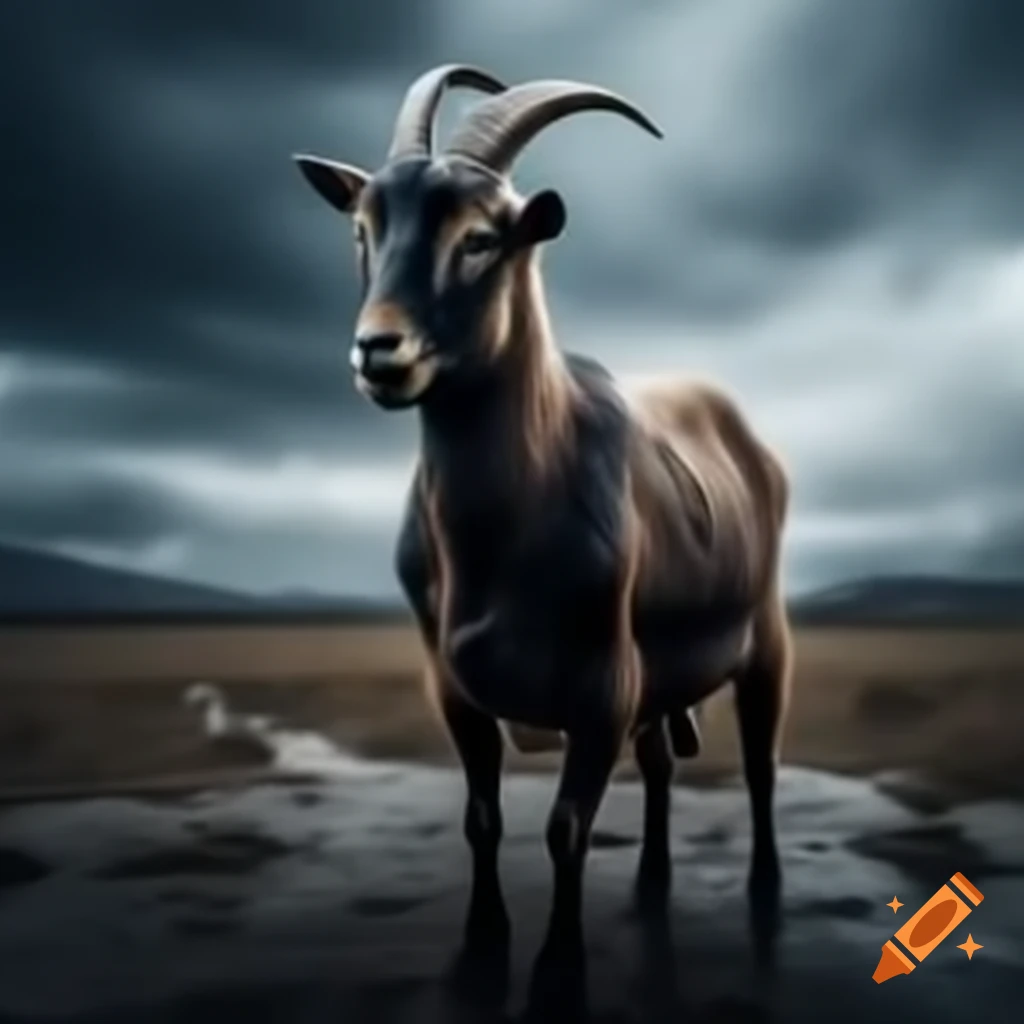 Lone goat in torrential downpour, serene in deserted landscape
