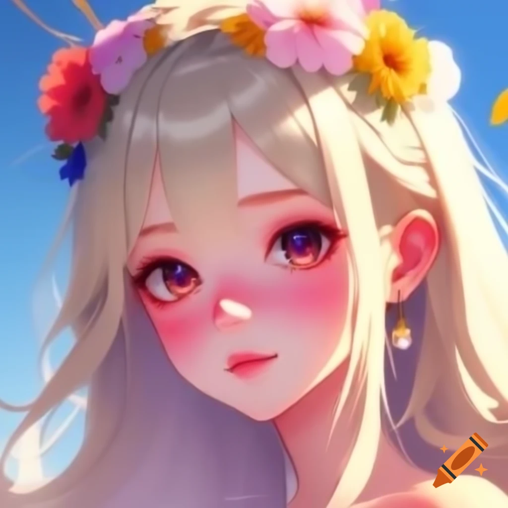 Anime-style portrait of a serene woman with flower crown and vivid eyes