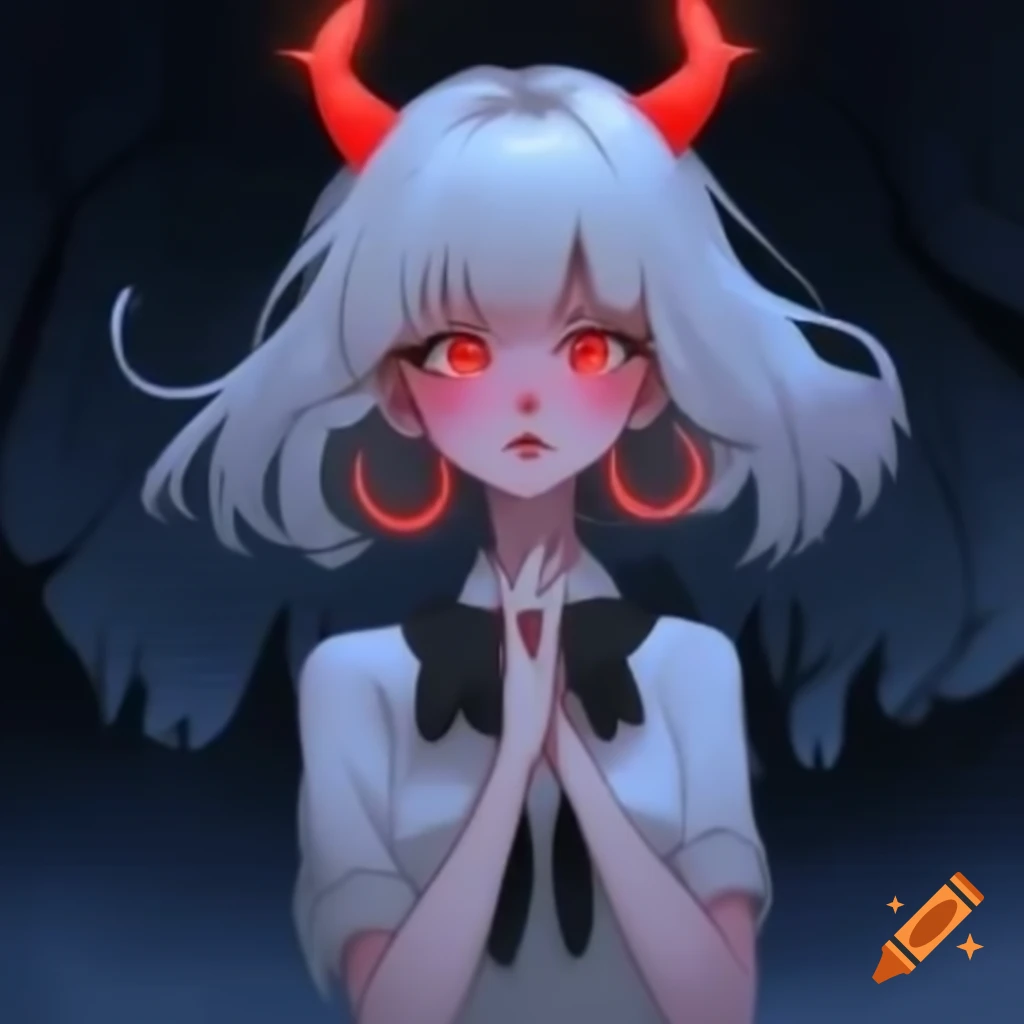White-haired anime woman with red eyes and demon horns in underworld landscape