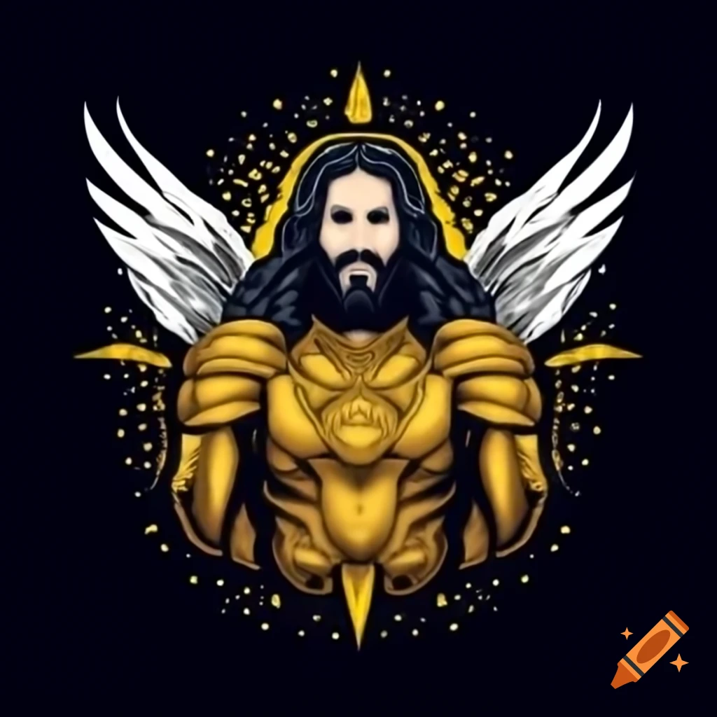 Logo of celestial warrior Jesus in golden armor with angelic wings and ethereal light