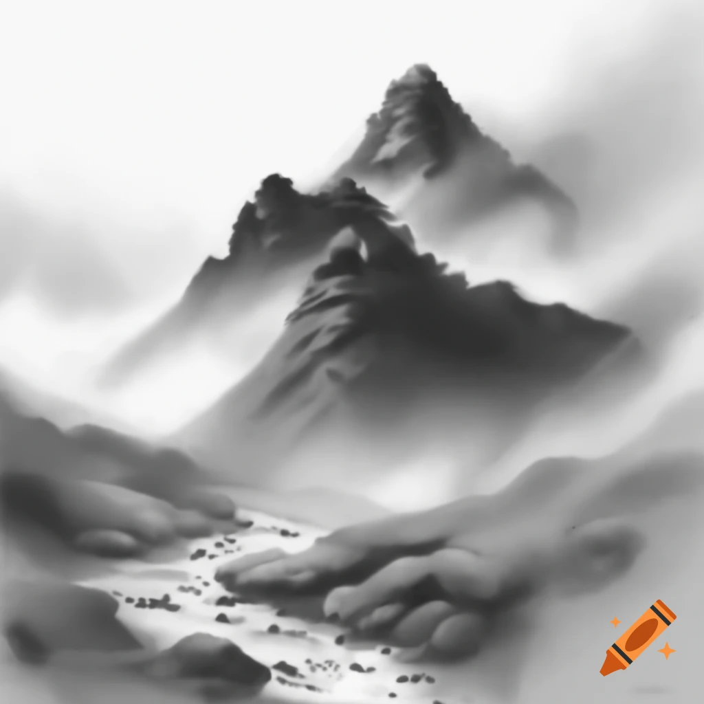 Monochrome ink painting of misty Songshan mountain with flowing stream
