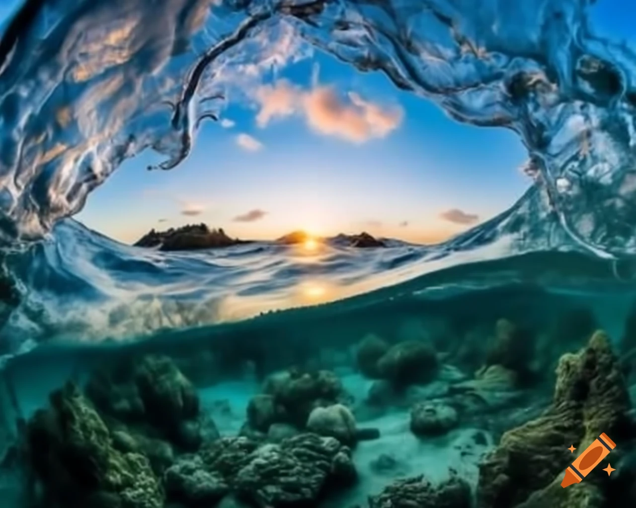 Cinematic view from inside a wave showing celestial seabed with corals and sunrise