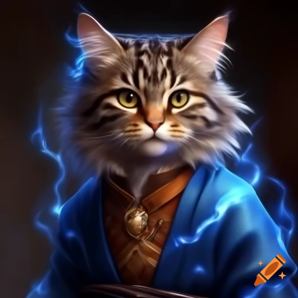 Tabby furry in blue silk robe, D&D magic promo art