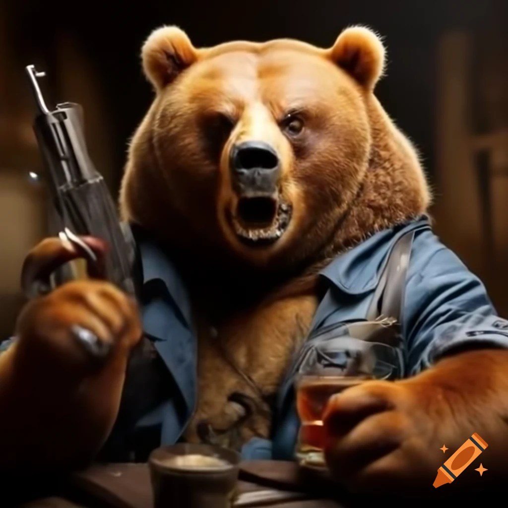 Bear holding automatic weapon and drinking whiskey