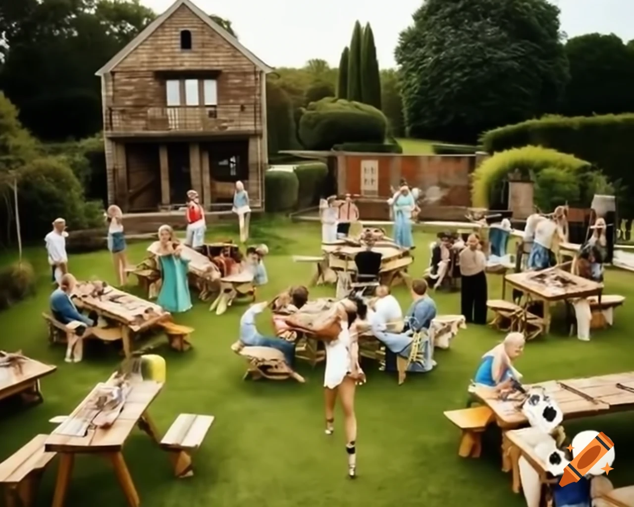 Outdoor garden party with guests enjoying wooden games in the sun