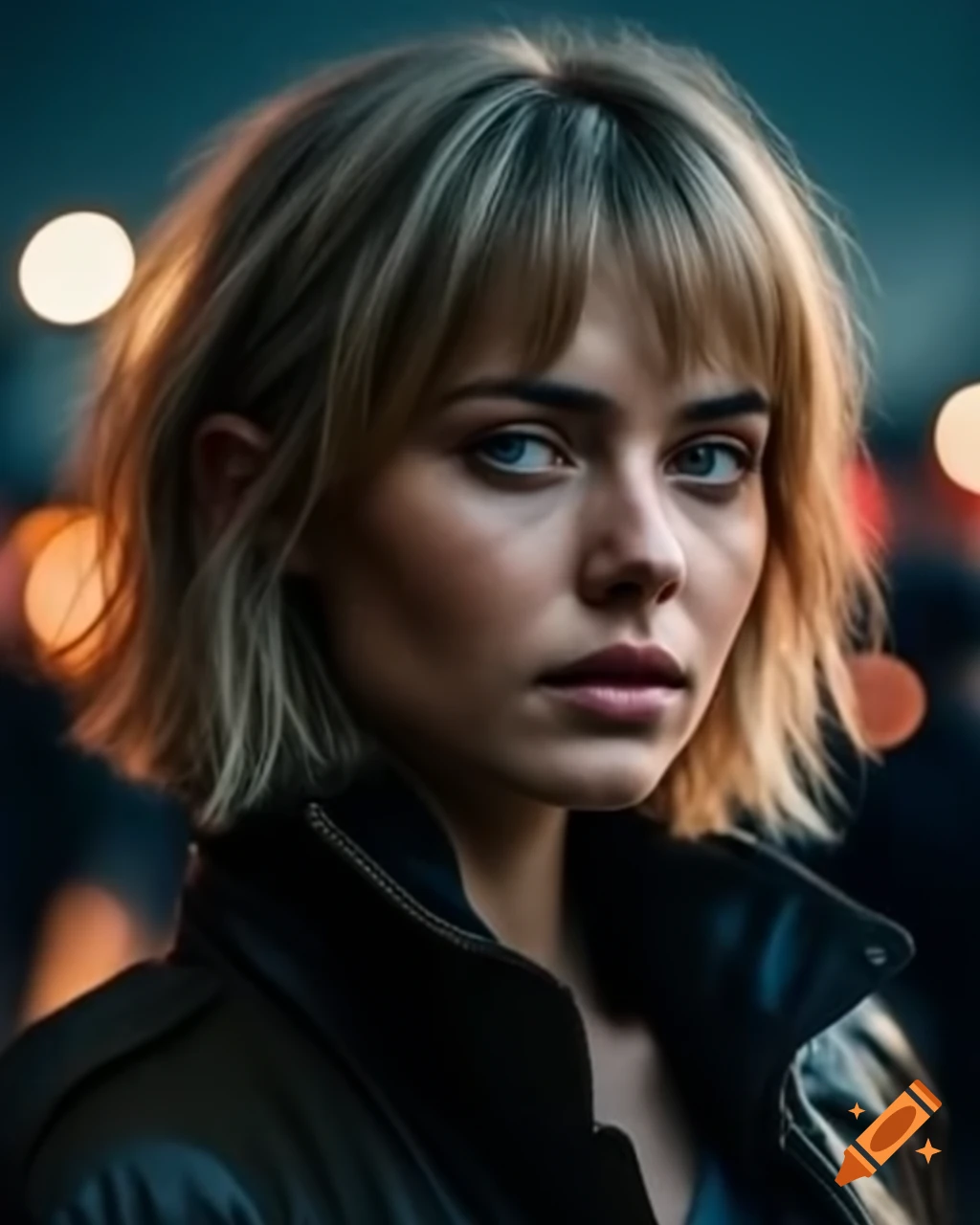 Realistic portrait of a woman with blonde bob hairstyle looking up with tears