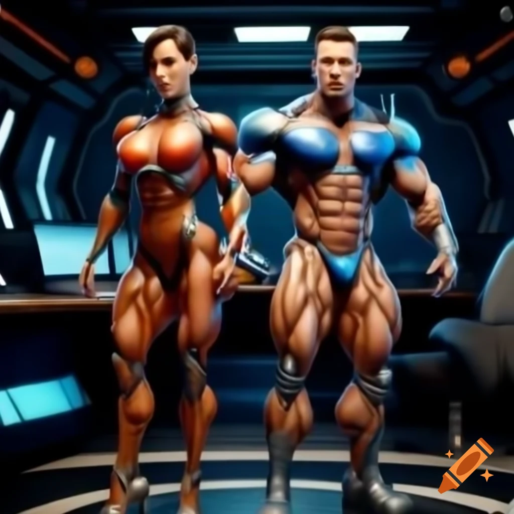 Cyborg couple in chest armor and trunks working on laptop in spaceship