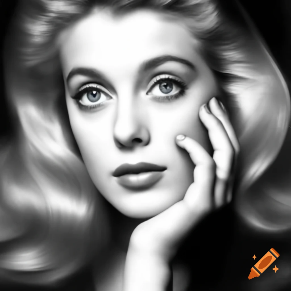 Hyper-realistic black and white photograph of a European Hollywood actress from 1963 with porcelain skin and blue eyes