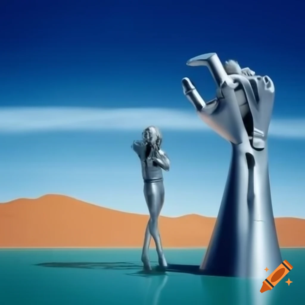 Pop surreal photography of silver statue woman in desert with blue lake