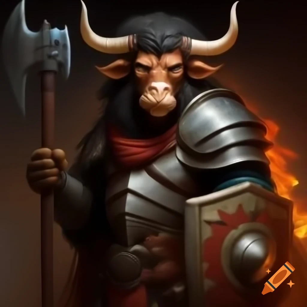 Minotaur paladin with battleaxe and shield alongside fiery condor