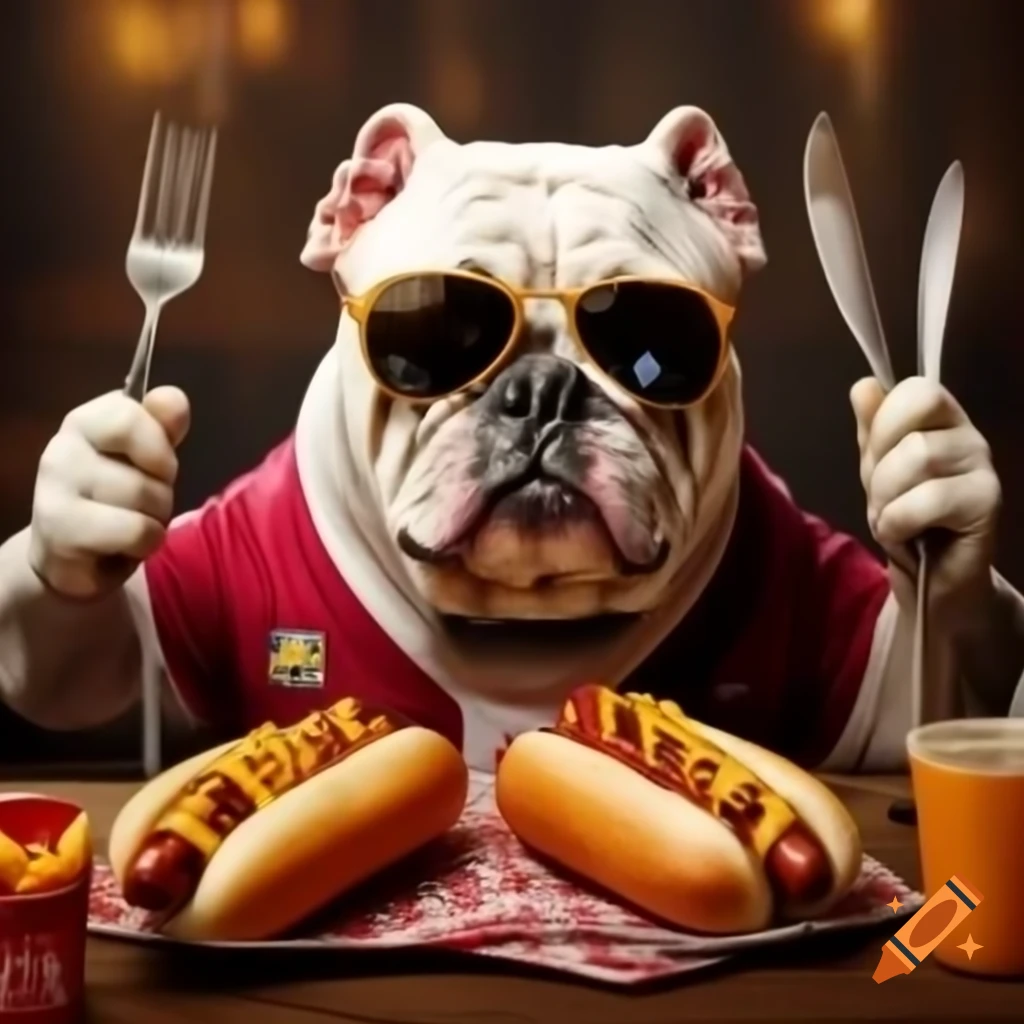 Bulldog in burgundy jersey and sunglasses barbecuing hotdogs with utensils