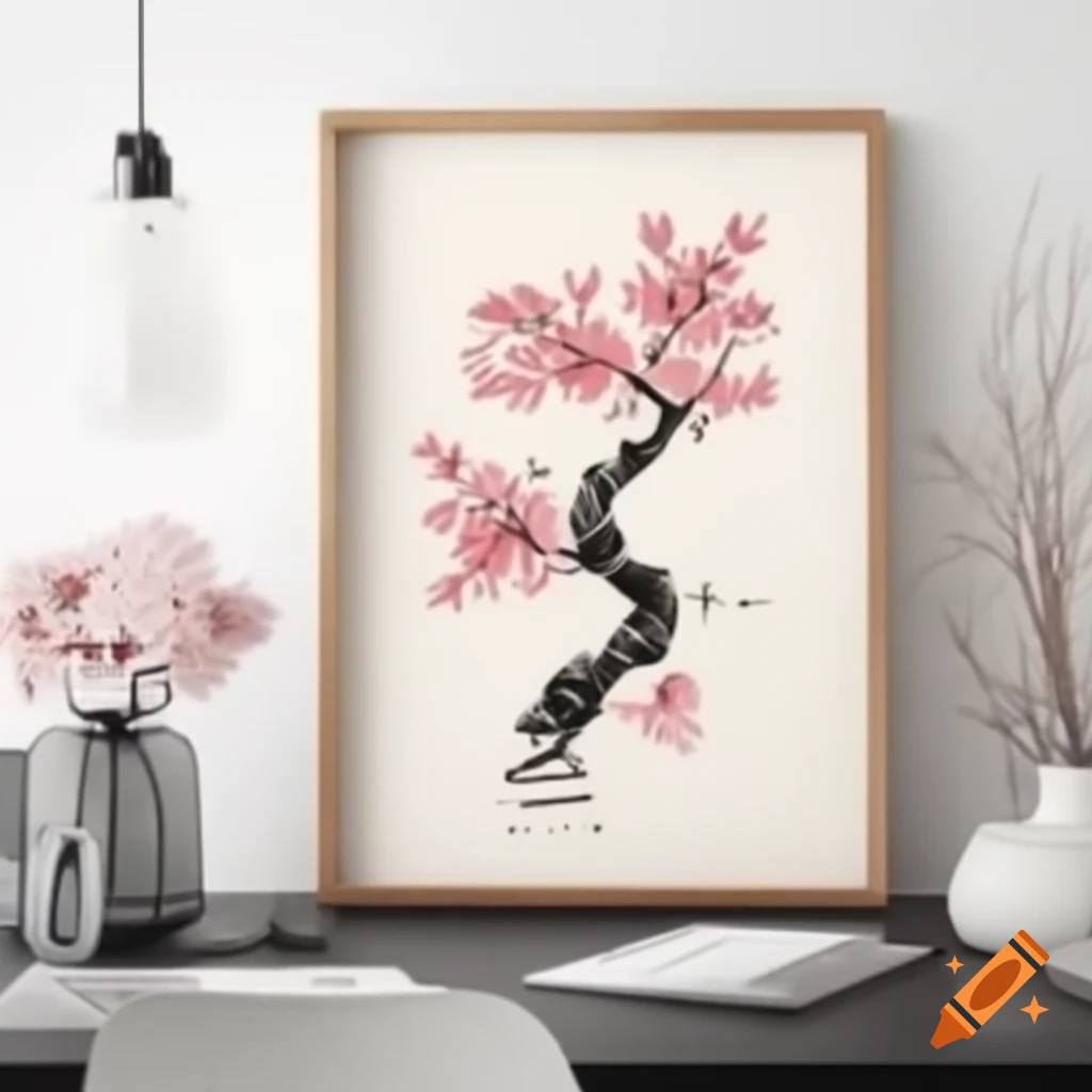 Authentic ink painting of cherry blossom trees along a river with mountains