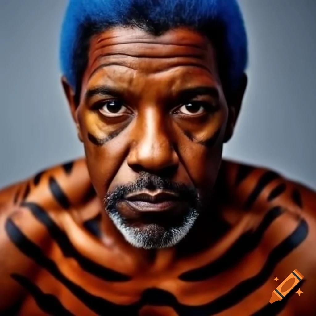 Muscular figure with tiger makeup featuring blue hair and orange skin with black stripes