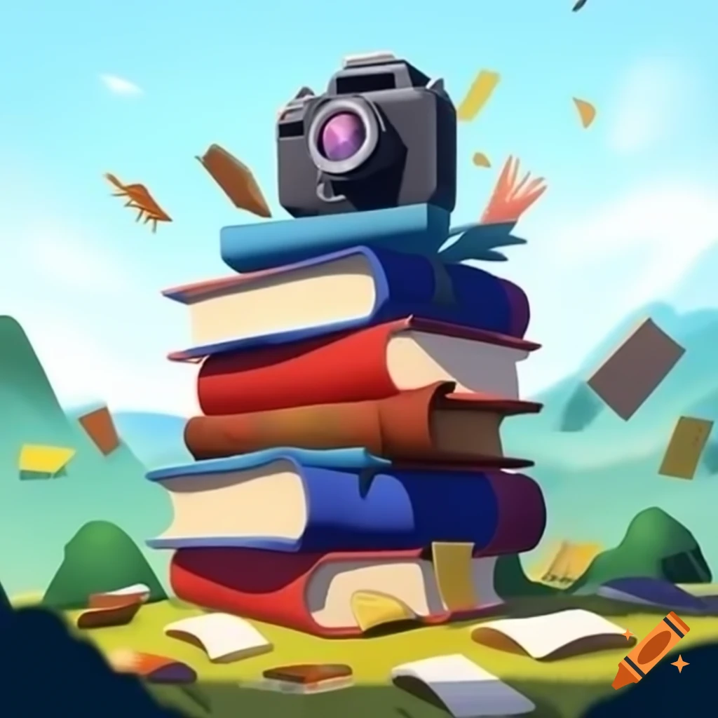 Creative mountain peak made of large books with scattered stationery on ...